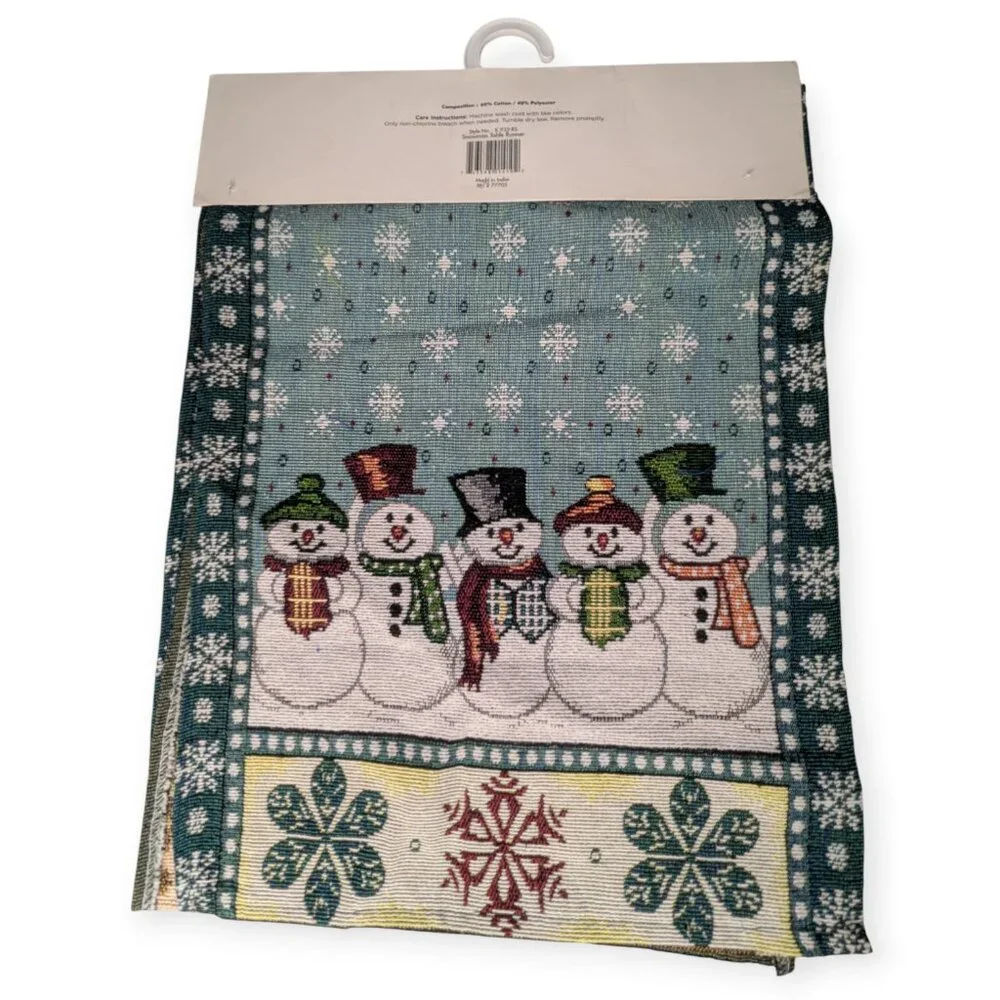 NWT Holiday Style Blue & White Snowman Tapestry Rectangle Table Runner 13